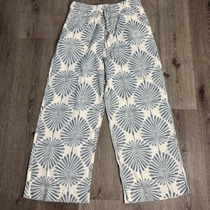 Joie Women's M Linen White Blue Tropical Leaf Wide Leg Drawstring Pull On Pants